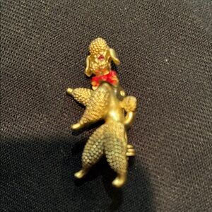 Gold Tone Poodle Brooch with Red Rhinestone Eyes and a Red Bow With Bobbing Head